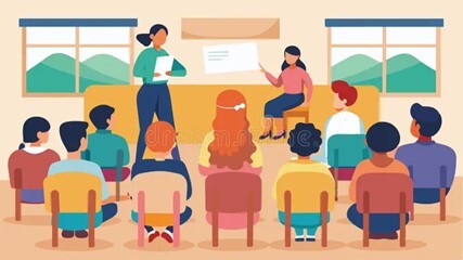 Cartoon image of 9 diverse people sitting in chairs attending a meeting with 2 people presenting to them.