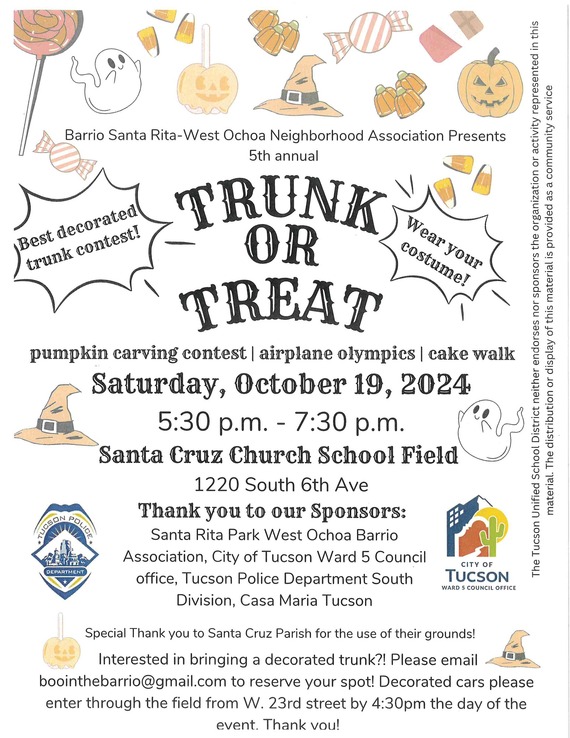 Poster for Trunk or Treat Event - October 19, 2024 @ Santa Cruz Church School Field