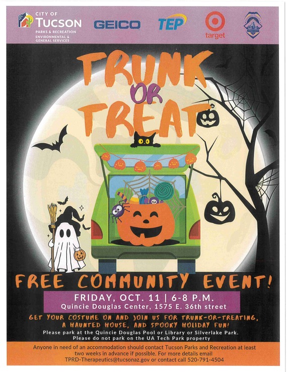 City of Tucson Trunk or Treat Image and Logo - Contact the Quincie Douglas Center at 520-791-4504
