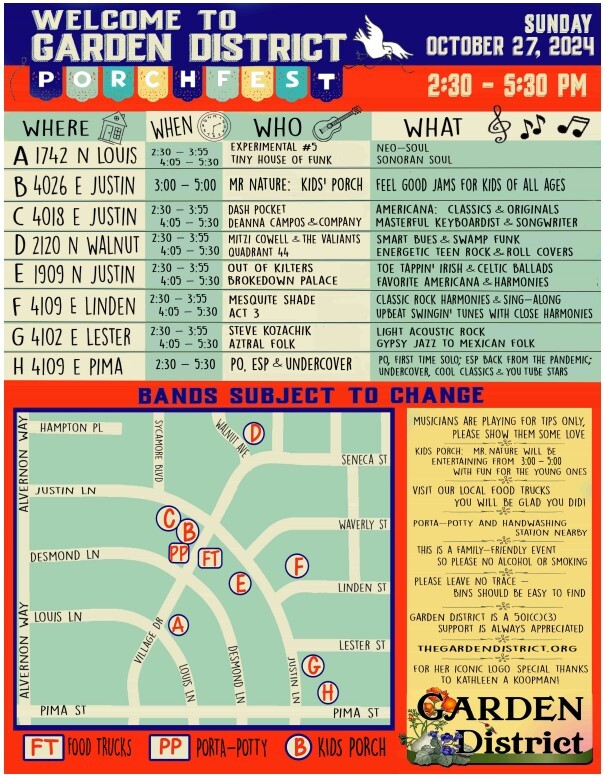Flyer for Porchfest at the Garden District