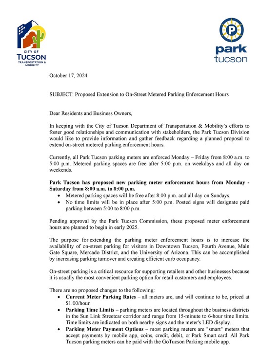 Letter from Park Tucson