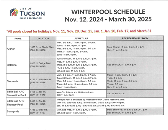 Winter Pool Schedule 