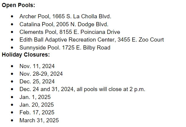 Pool Locations and Holiday Schedules