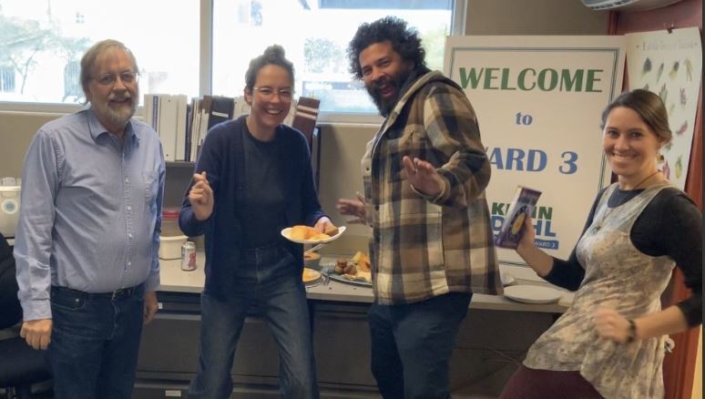 Photo of the Ward 3 staff doing a happy dance with Kevin.