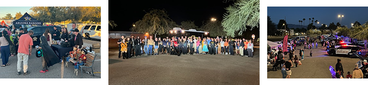 Three photos of event showing children in costume, police cars, tables, and tents.