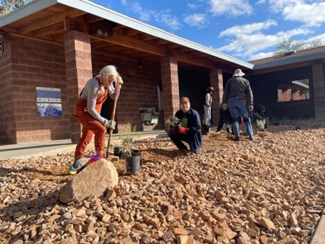 Photo of Vice Mayor Dahl planting alongside Balboa Heights' Susan Alexander for a new rain garden at the Marty Birdman Center.