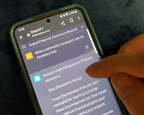 Cell phone GPT prompt generating message to ask for money.