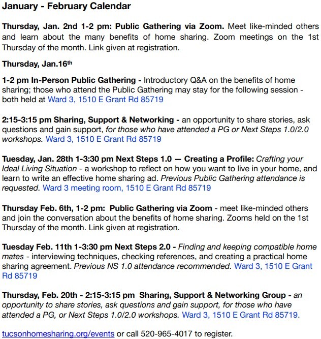 Tucson Home Sharing Schedule of Events