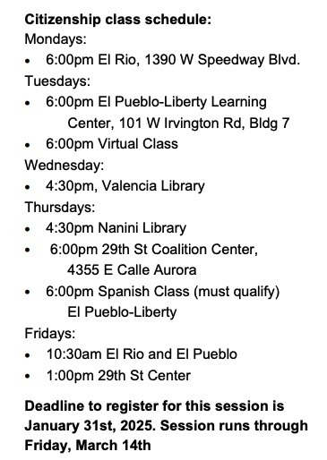 Citizenship Class calendar
