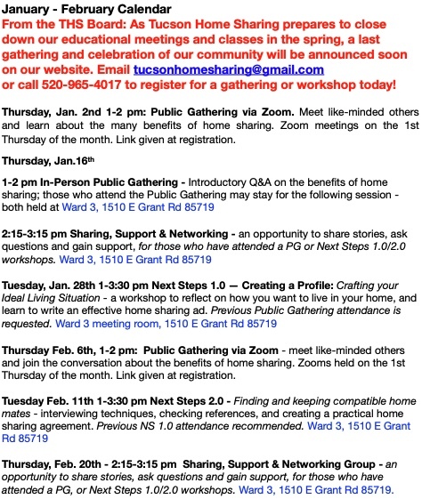 Tucson Home Sharing Updated calendar