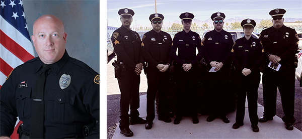 Two photos: department photo of Officer Duffrin and photo of officers in uniform at his funeral.