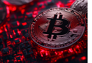 Bitcoin token in front of computer circuitry, overlaid with red.