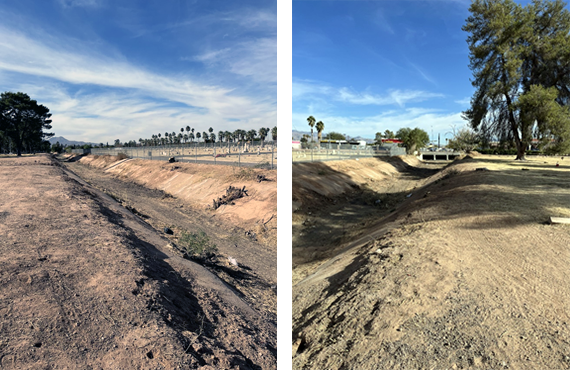 Two photos: cleared out desert wash in each.