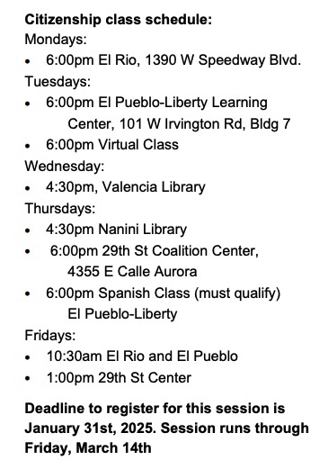 Citizenship Classes schedule Graphic