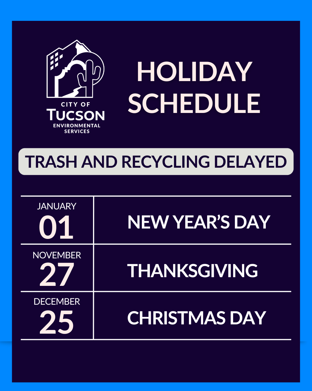 Environmental Services Holiday Schedule with dates 