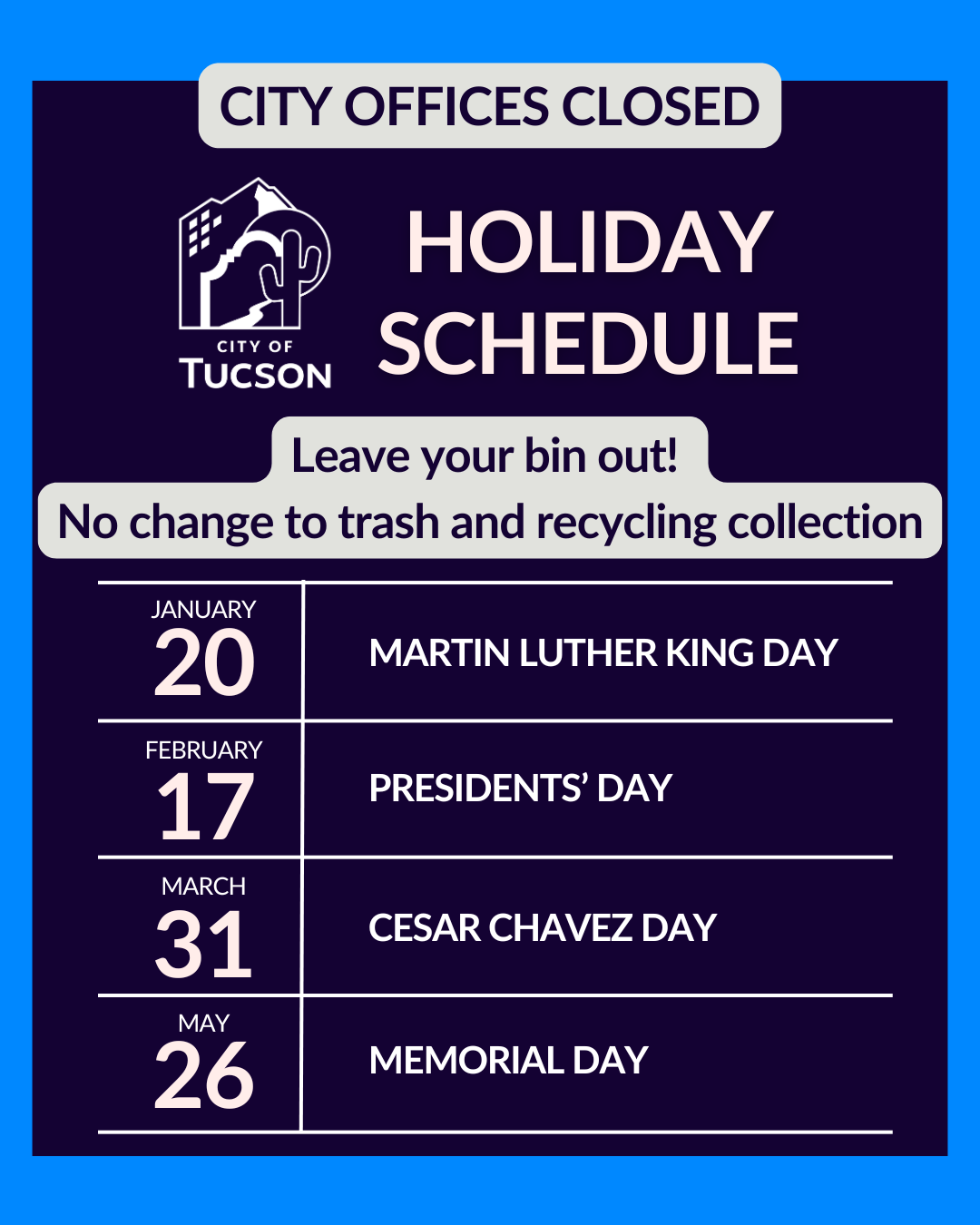 City offices closure schedule