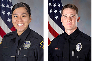 Department photos of a female officer (Somoza) and a male officer (Riddell) in uniform in front of American flags.