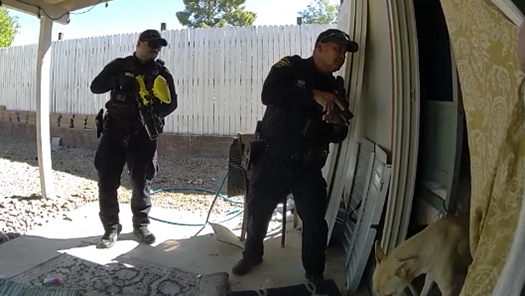 Two TPD officers in uniform, weapons drawn, prepare to enter via a back door.