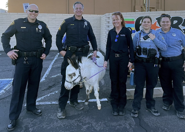 TPD officers stand for group photo with female civilian and miniature horse.