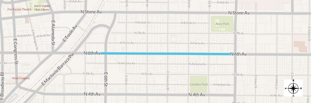 Map of 6th Avenue with blue highlight shows the part of proposed protected bike lane