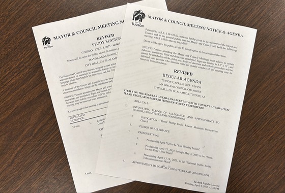 Photo of the study session agenda and the revised regular agenda