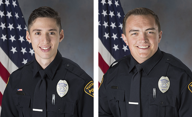 Two photos, each a department photo of a smiling male officer in uniform in front of an American flag.
