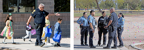 1st photo: officer escorts happy running children with bags in hand. 2nd photo shows officers in front of many Easter eggs on the ground.