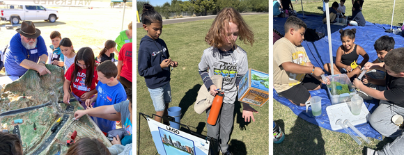 Photos of water festival with kids participating in learning activities.