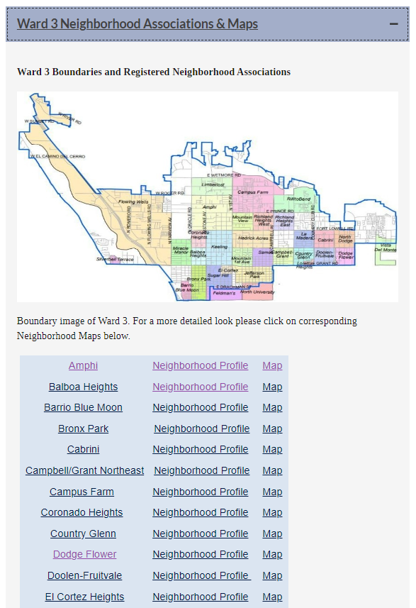 Screen capture of the ward 3 website neighborhood maps section.