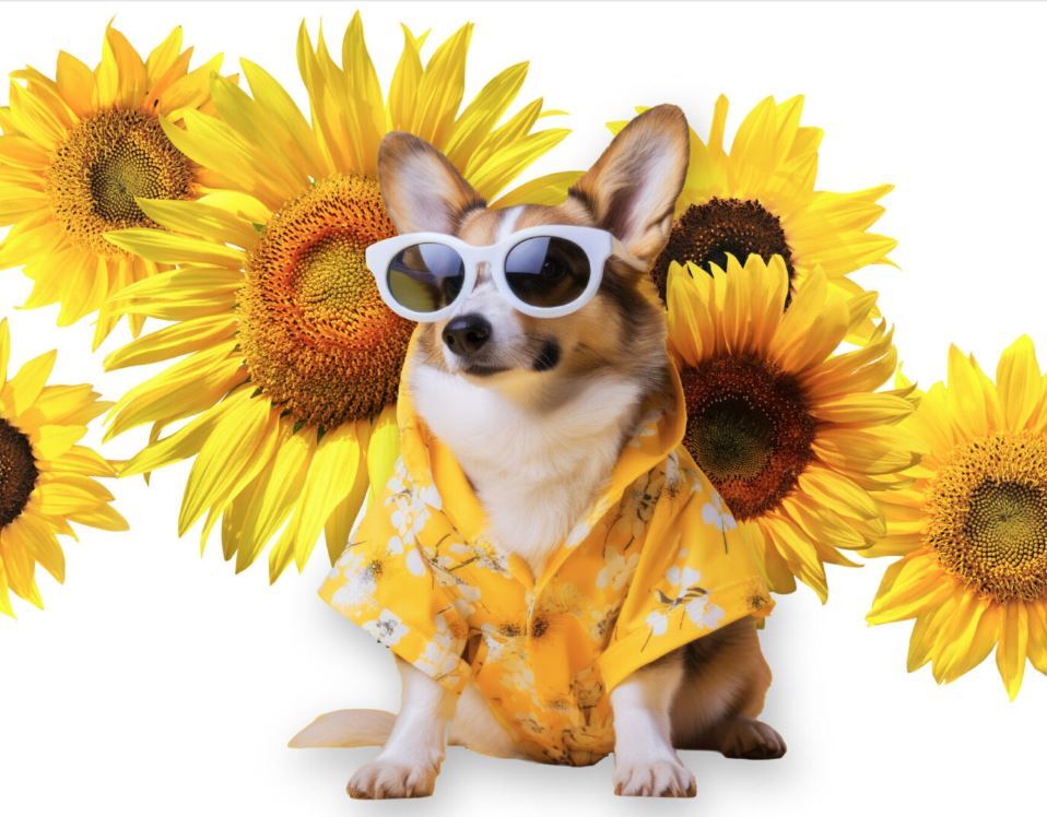 Picture of Dog surrounded by sunflowers