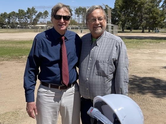 Photo of Council Member Kevin Dahl with Mr. Jacobs, son of Coach Bob Jacobs whom the park is named after.