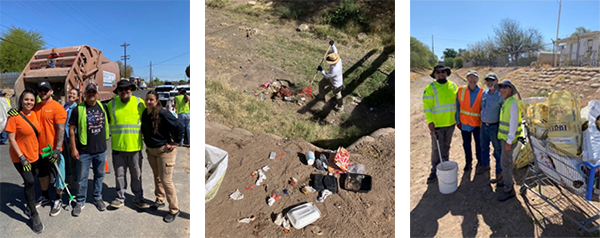 Three photos: two group shots of people in work clothes for picking up trash and one photo of a person raking trash in a wash.