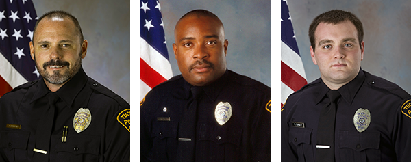 Three department photos of officers in uniform in front of American flags.