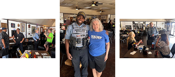 Three photos of event in restaurant, showing community members, officers, and CSOs.