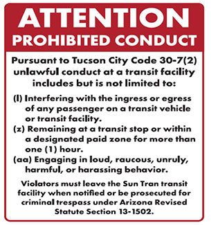 Notice of prohibited conduct at a transit facility.