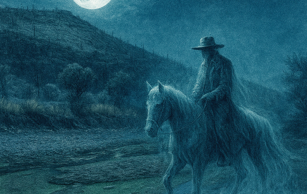 a ghostly cowboy rides his horse through the Santa Cruz River