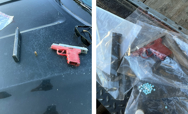 2 photos: a pink handgun on a car hood and the gun and fentanyl pills bagged as evidence.