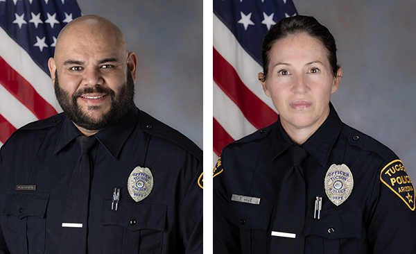 Two department portraits of officers in uniform, a male and a female, in front of American flags.