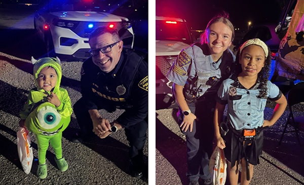2 photos: An officer poses with an adorable toddler in a green Monsters costume; a CSO poses with a cute older girl in a police costum.
