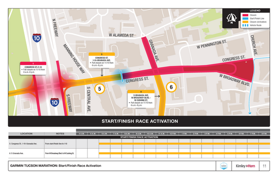 Map of complete closure area in downtown Tucson for the Garmin Marathon
