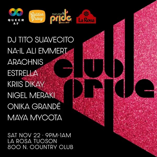 a graphic listing the names of DJs and performers scheduled to provide entertainment at Club Pride