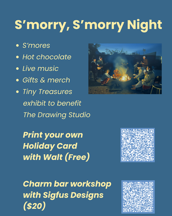 Graphic with S'morry night QR code for the event at the drawing studio.