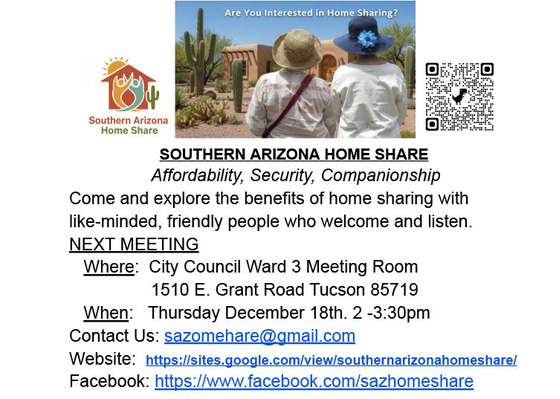 Flyer for the Arizona Home Share event at the Ward 3 Community room on December 18.
