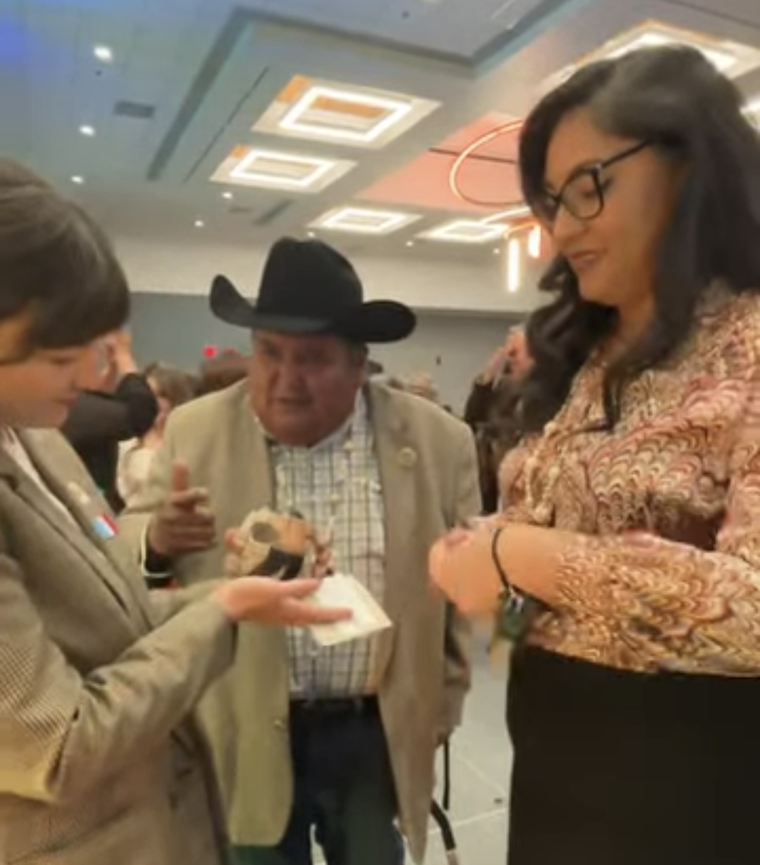 Friendship bowl from TO Chair Verlon Jose and Vice Chairwoman Carla Johnson, Lapel pin of the Pascua Yaqui flag from Chairman Julian Hernandez