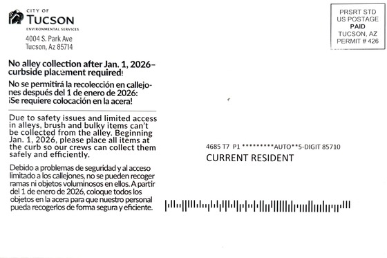 Photo of postcard announcing brush and bulky to residents.