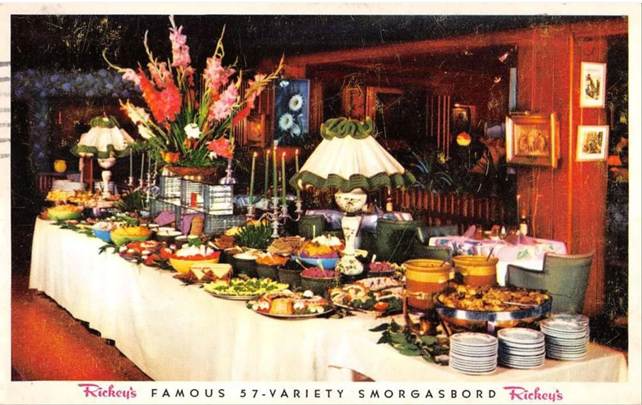 Photo of old postcard depicting a typical smorgasboard meal.