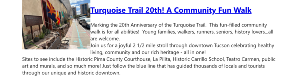 An image of a turquoise painted stripe commonly seen downtown in Tucson to connect people to points of interest