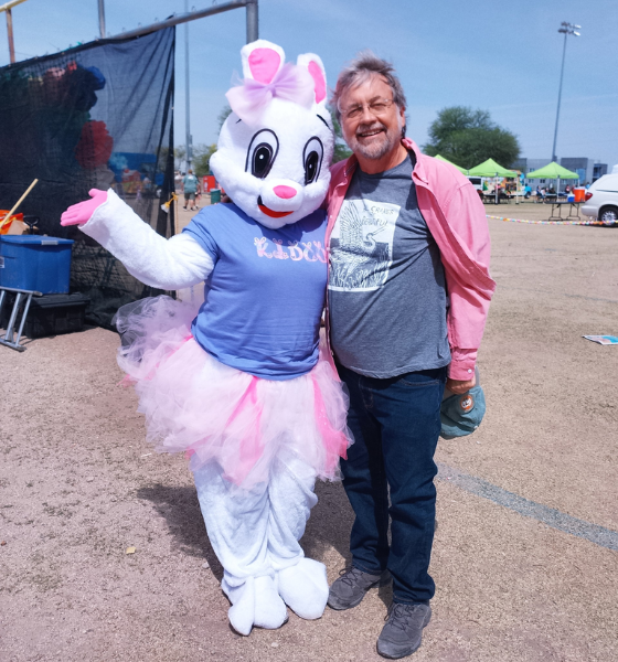 Photo of Easter bunny standing next to Council Member Kevin Dahl.