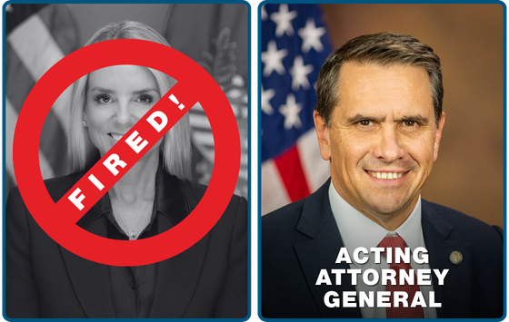Graphic of Pam Bondi in a cancelled symbol next to a Todd Blanche photo.