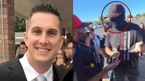 Photo of Police Officer Dusten Mullen with out a mask and another photo with his mask on at the anti ICE protest.